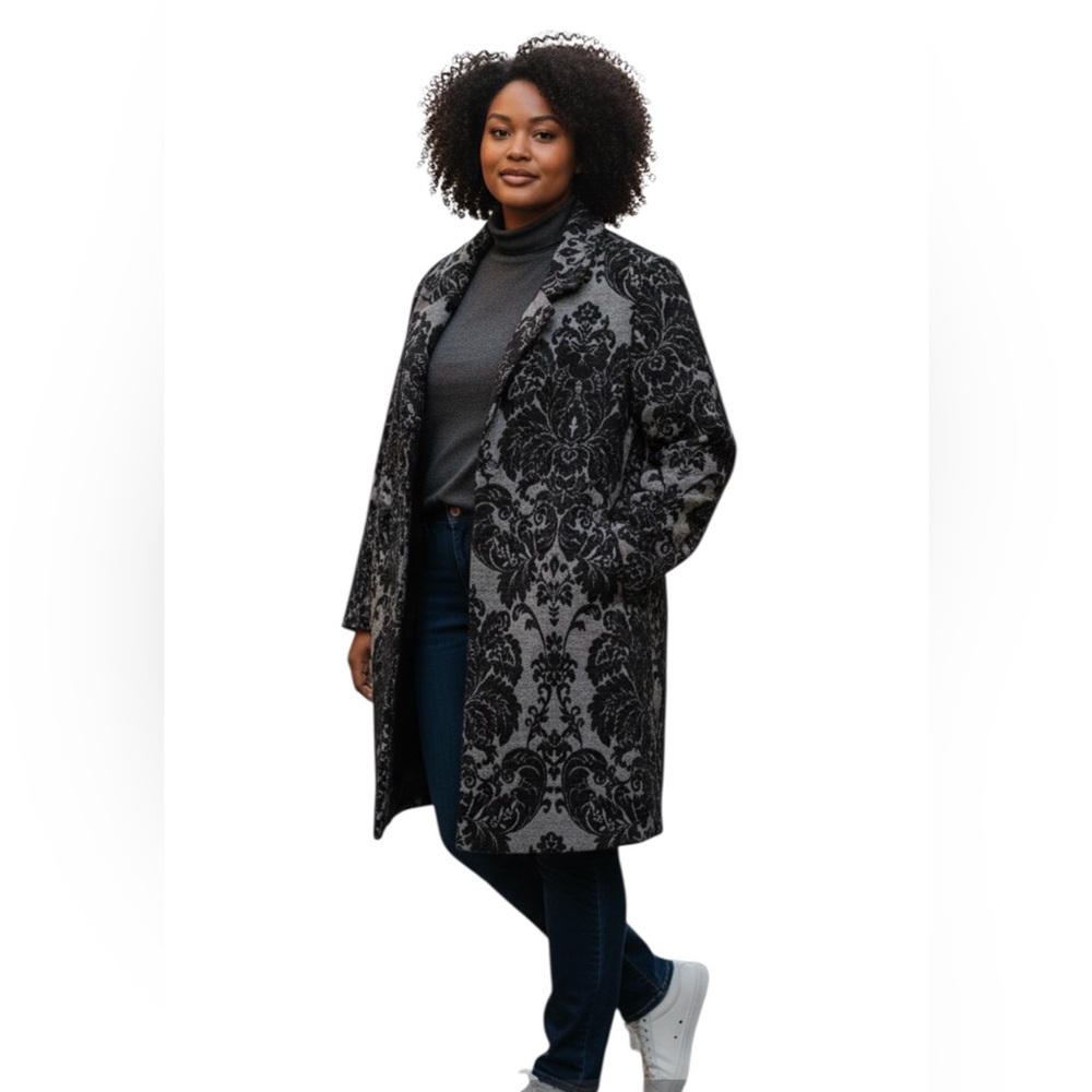Soft Surroundings Chenille Regency Damask Black Gray Long Blazer Coat XL EUC